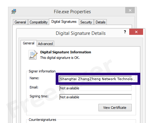 Screenshot of the ShangHai ZhangZheng Network Technology Co., Ltd. certificate